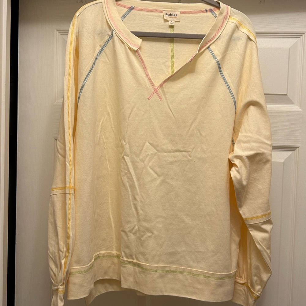 Peach Love California Ivory Blouse with Colorful Stitching